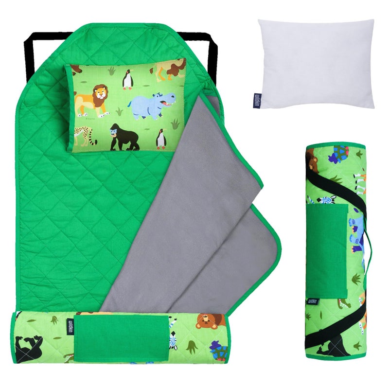 Wildkin Modern Kids Nap Mat â€“ Soft Cotton Blend with Pillow & Elastic Straps for School & Travel - Wild Animals - Image 1